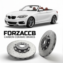 ForzaCCB direct OEM replacement carbon ceramic brake rotors for 2014 to 2016 BMW M235i F23 models, shown with a white BMW M235i car.