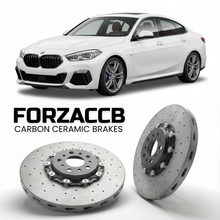 ForzaCCB direct OEM replacement carbon ceramic brake rotors for 2020 to 2025 BMW M235i F44 models, shown with a white BMW M235i car.