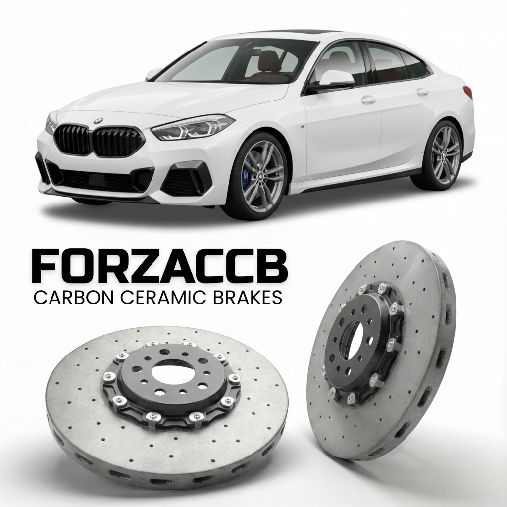 ForzaCCB direct OEM replacement carbon ceramic brake rotors for 2020 to 2025 BMW M235i F44 models, shown with a white BMW M235i car.