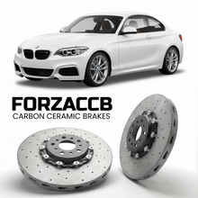 ForzaCCB direct OEM replacement carbon ceramic brake rotors for 2016 to 2021 BMW M240i F22 models, shown with a white BMW M240i car.