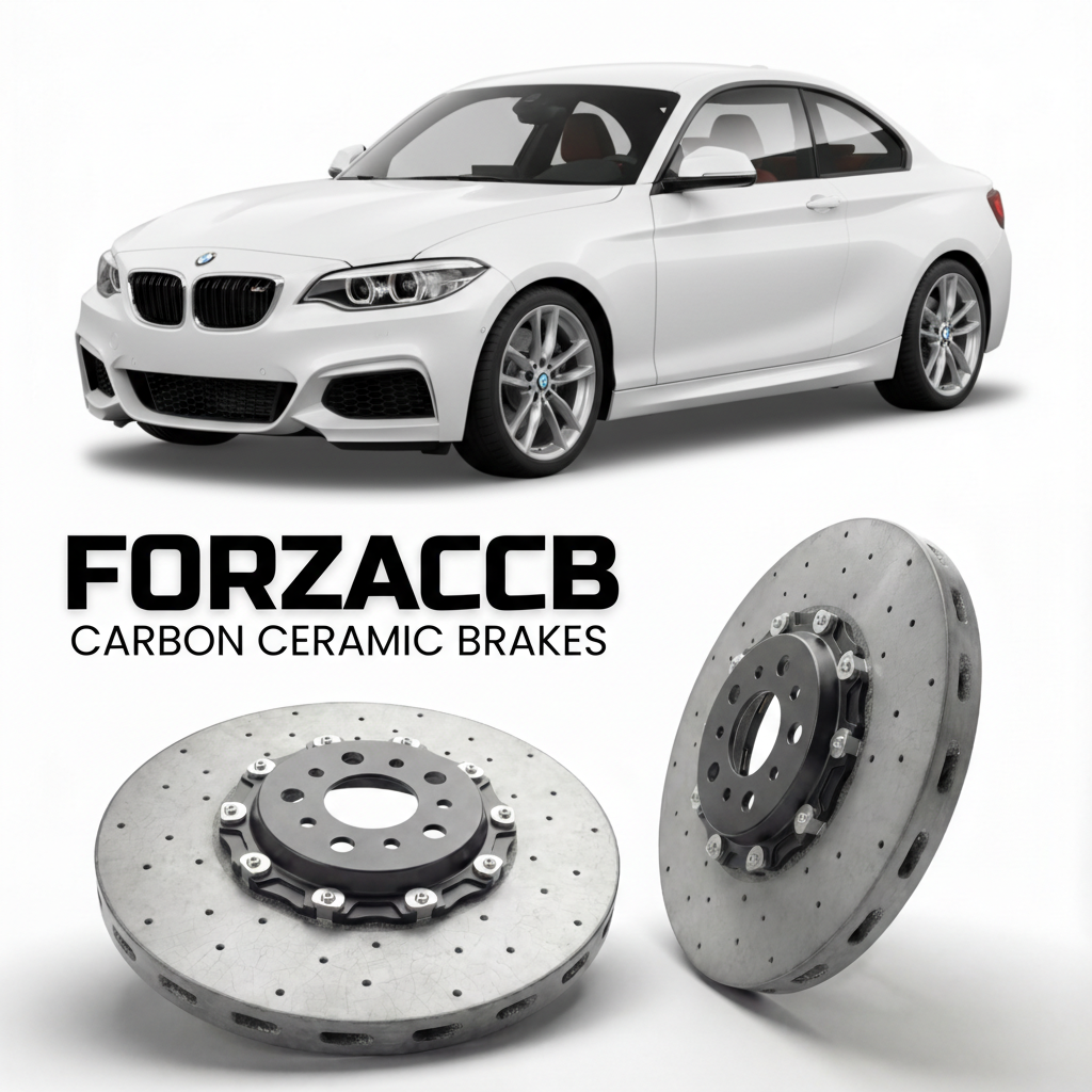 ForzaCCB direct OEM replacement carbon ceramic brake rotors for 2016 to 2021 BMW M240i F22 models, shown with a white BMW M240i car.