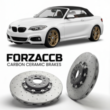ForzaCCB direct OEM replacement carbon ceramic brake rotors for 2016 to 2021 BMW M240i F23 models, shown with a white BMW M240i car.
