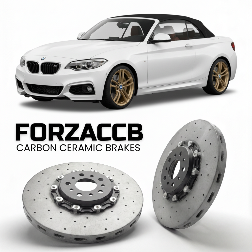 ForzaCCB direct OEM replacement carbon ceramic brake rotors for 2016 to 2021 BMW M240i F23 models, shown with a white BMW M240i car.