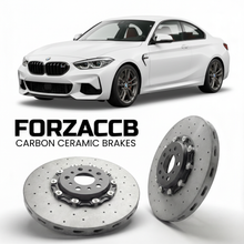 ForzaCCB direct OEM replacement carbon ceramic brake rotors for 2021- BMW M240i G42 models, shown with a white BMW M240i car.