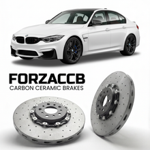 ForzaCCB direct OEM replacement carbon ceramic brake rotors for 2016 to 2018 BMW M3 Competition F80 models, shown with a white BMW M3 Competition car.