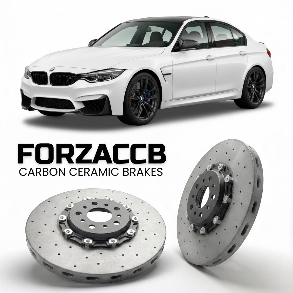 ForzaCCB direct OEM replacement carbon ceramic brake rotors for 2016 to 2018 BMW M3 Competition F80 models, shown with a white BMW M3 Competition car.