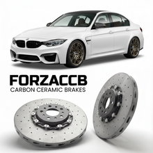 ForzaCCB direct OEM replacement carbon ceramic brake rotors for 2021-2026+ BMW M3 Competition G80 models, shown with a white BMW M3 Competition car.
