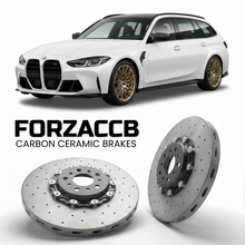 ForzaCCB direct OEM replacement carbon ceramic brake rotors for 2022-2026+ BMW M3 Competition Touring G81 models, shown with a white BMW M3 Competition Touring car.