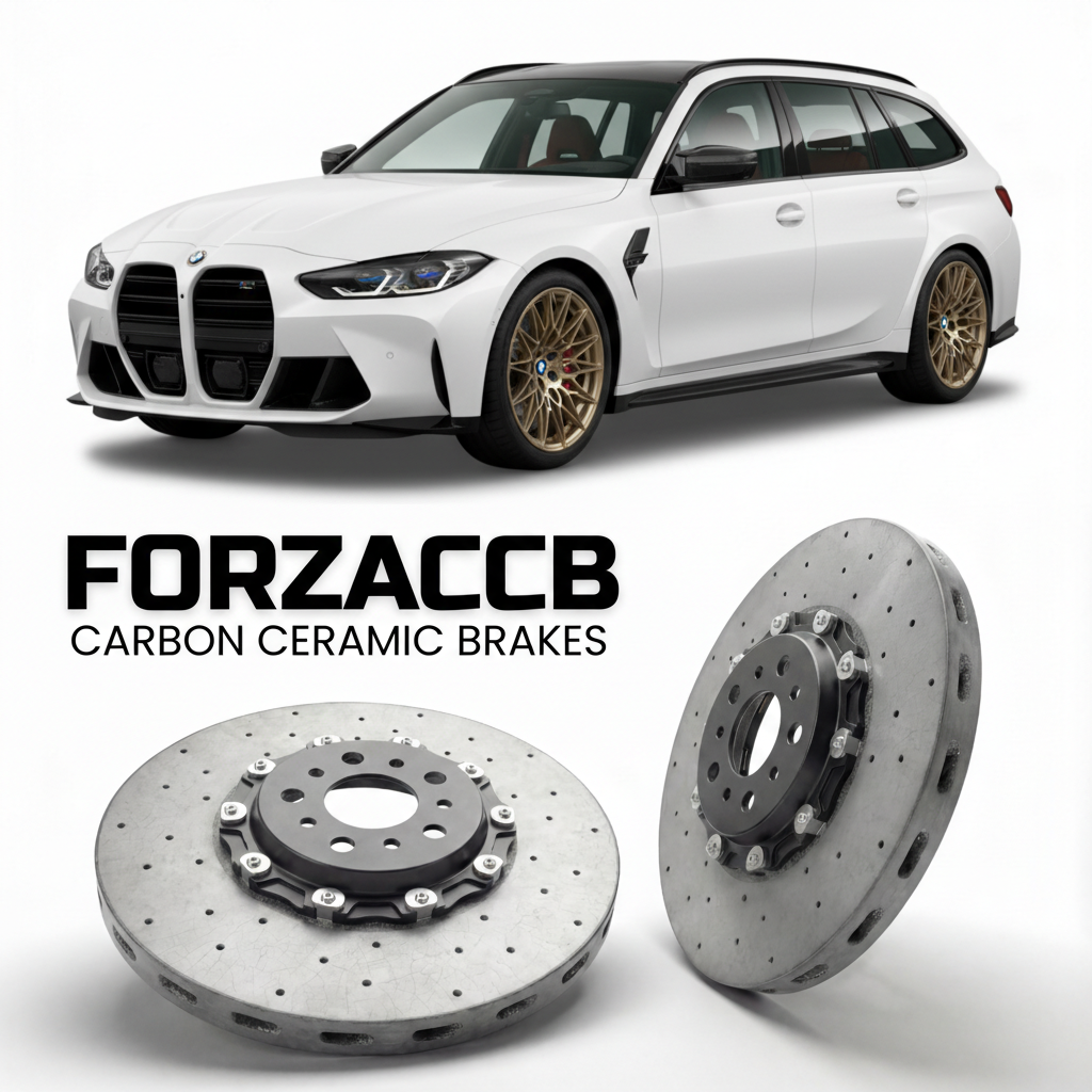 ForzaCCB direct OEM replacement carbon ceramic brake rotors for 2022-2026+ BMW M3 Competition Touring G81 models, shown with a white BMW M3 Competition Touring car.