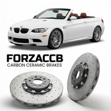ForzaCCB direct OEM replacement carbon ceramic brake rotors for 2008 to 2013 BMW M3 Convertible E93 models, shown with a white BMW M3 Convertible car.