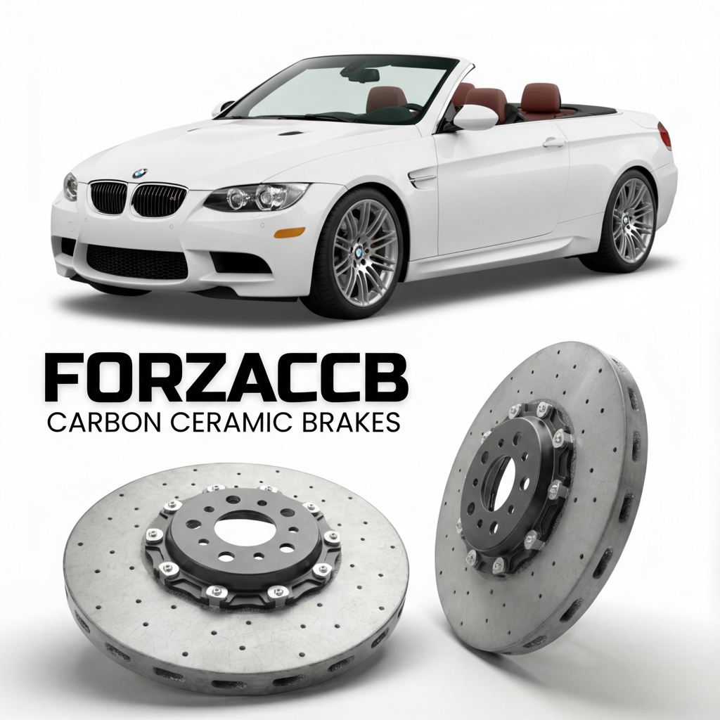 ForzaCCB direct OEM replacement carbon ceramic brake rotors for 2008 to 2013 BMW M3 Convertible E93 models, shown with a white BMW M3 Convertible car.