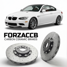 ForzaCCB direct OEM replacement carbon ceramic brake rotors for 2007 to 2013 BMW M3 Coupe E92 models, shown with a white BMW M3 Coupe car.