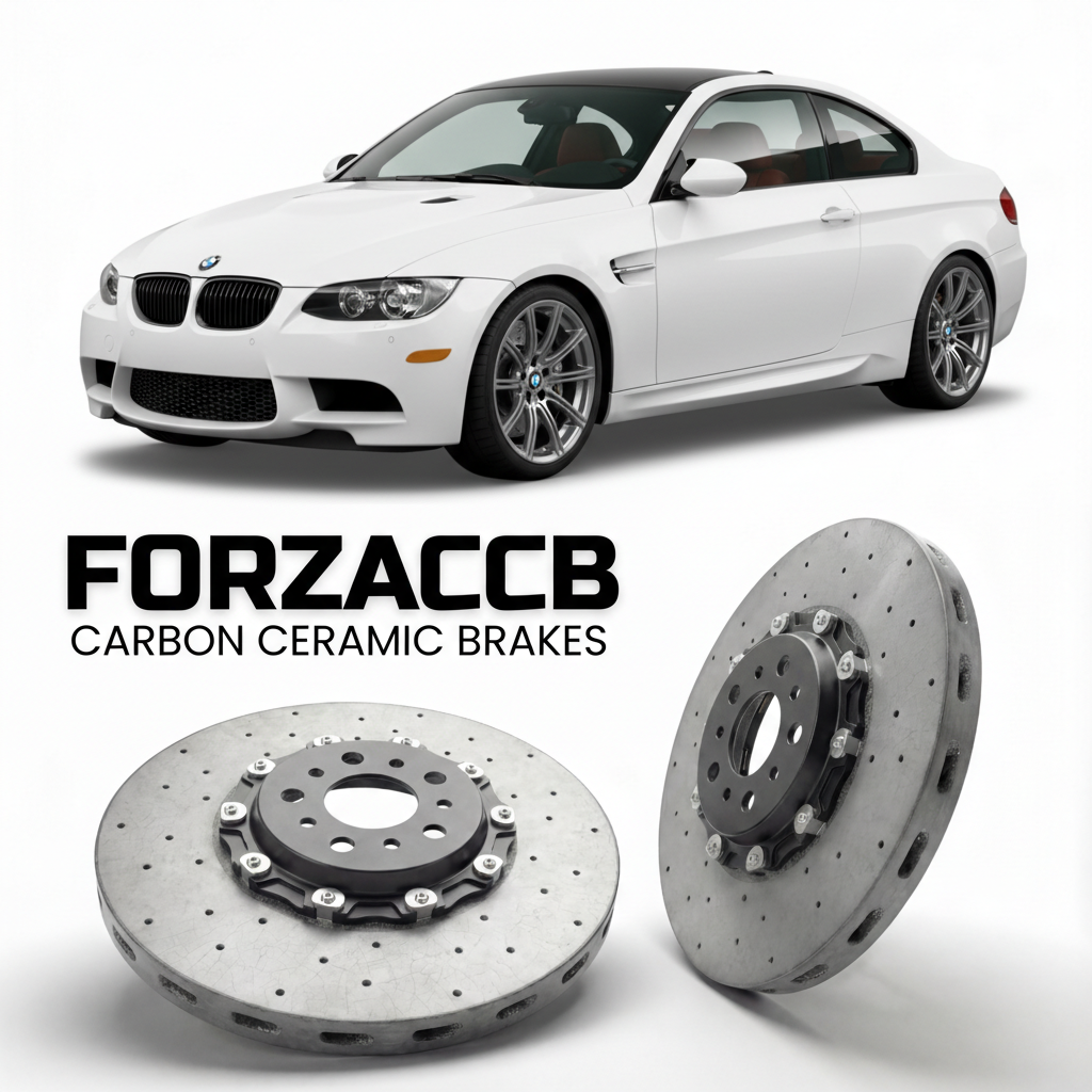 ForzaCCB direct OEM replacement carbon ceramic brake rotors for 2007 to 2013 BMW M3 Coupe E92 models, shown with a white BMW M3 Coupe car.