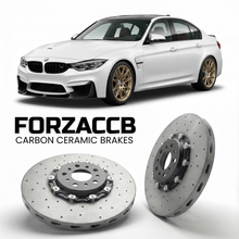 ForzaCCB direct OEM replacement carbon ceramic brake rotors for 2018 BMW M3 CS F80 models, shown with a white BMW M3 CS car.