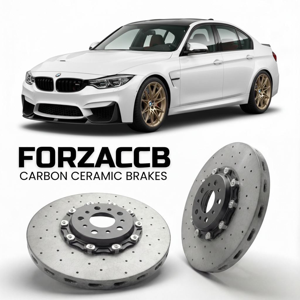 ForzaCCB direct OEM replacement carbon ceramic brake rotors for 2018 BMW M3 CS F80 models, shown with a white BMW M3 CS car.