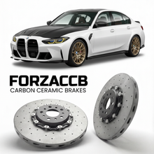 ForzaCCB direct OEM replacement carbon ceramic brake rotors for 2023 to 2024 BMW M3 CS G80 models, shown with a white BMW M3 CS car.