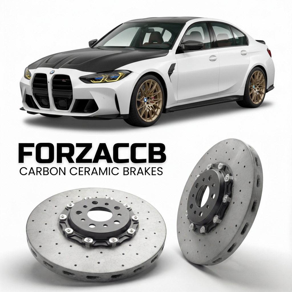 ForzaCCB direct OEM replacement carbon ceramic brake rotors for 2023 to 2024 BMW M3 CS G80 models, shown with a white BMW M3 CS car.