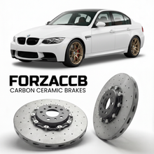 ForzaCCB direct OEM replacement carbon ceramic brake rotors for 2007 to 2013 BMW M3 Sedan E90 models, shown with a white BMW M3 Sedan car.