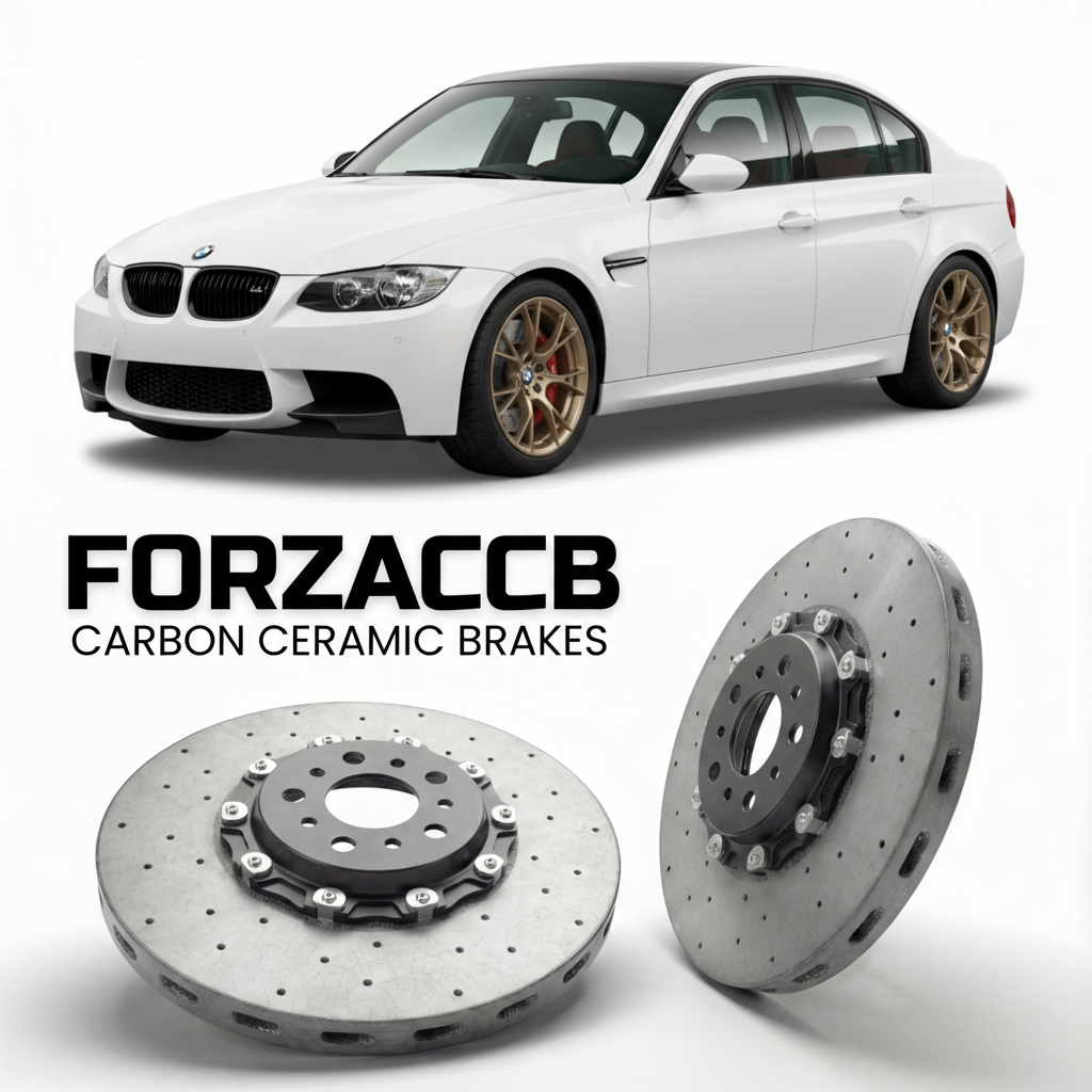 ForzaCCB direct OEM replacement carbon ceramic brake rotors for 2007 to 2013 BMW M3 Sedan E90 models, shown with a white BMW M3 Sedan car.
