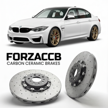 ForzaCCB direct OEM replacement carbon ceramic brake rotors for 2014 to 2018 BMW M3 Sedan F80 models, shown with a white BMW M3 Sedan car.