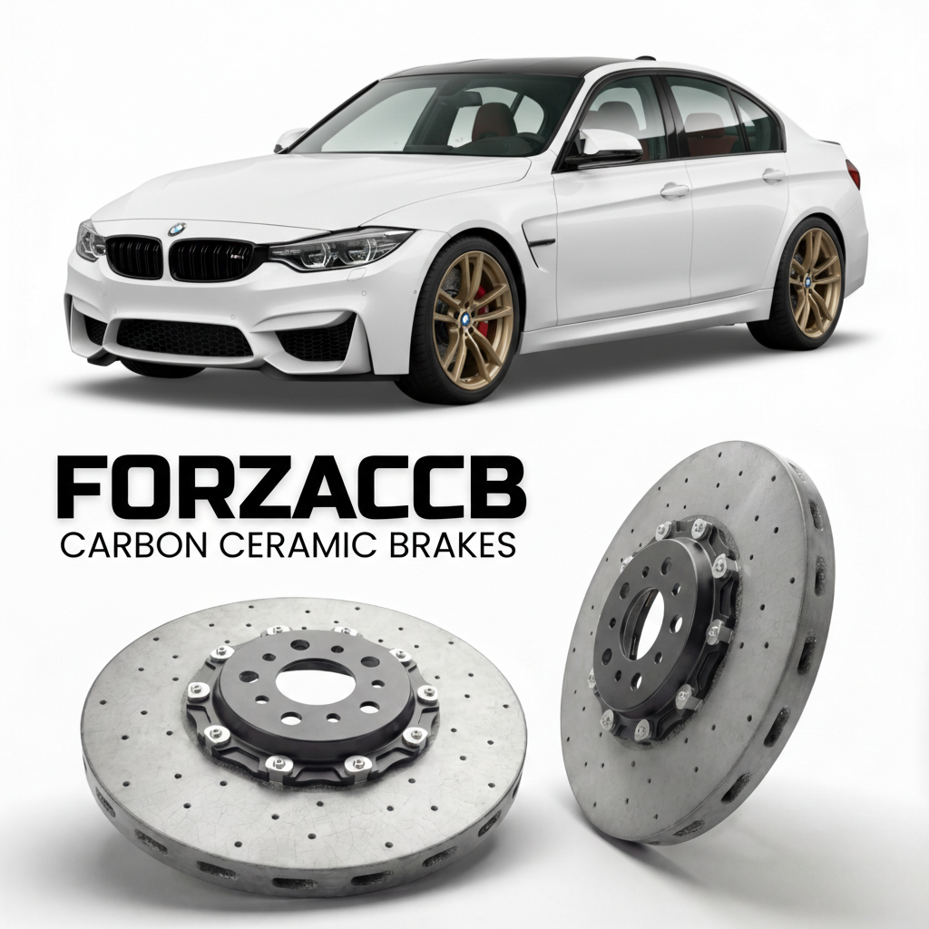 ForzaCCB direct OEM replacement carbon ceramic brake rotors for 2014 to 2018 BMW M3 Sedan F80 models, shown with a white BMW M3 Sedan car.