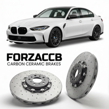 ForzaCCB direct OEM replacement carbon ceramic brake rotors for 2021-2026+ BMW M3 Sedan G80 models, shown with a white BMW M3 Sedan car.