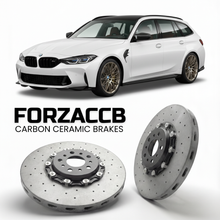 ForzaCCB direct OEM replacement carbon ceramic brake rotors for 2022-2026+ BMW M3 Touring G81 models, shown with a white BMW M3 Touring car.