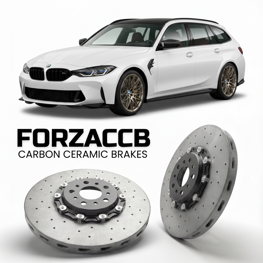 ForzaCCB direct OEM replacement carbon ceramic brake rotors for 2022-2026+ BMW M3 Touring G81 models, shown with a white BMW M3 Touring car.