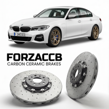 ForzaCCB direct OEM replacement carbon ceramic brake rotors for 2019-2026+ BMW M340d xDrive G20/G21 models, shown with a white BMW M340d xDrive car.