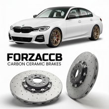 ForzaCCB direct OEM replacement carbon ceramic brake rotors for 2019-2026+ BMW M340i G20/G21 models, shown with a white BMW M340i car.