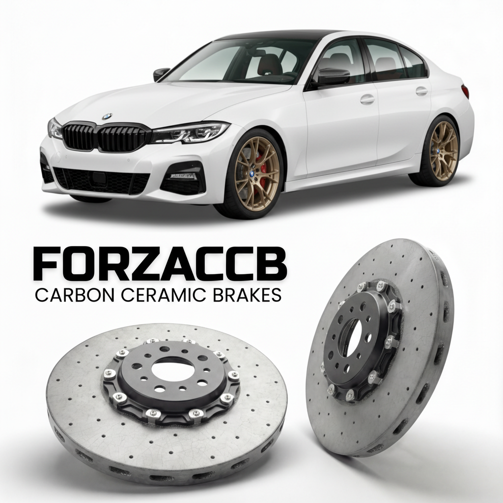ForzaCCB direct OEM replacement carbon ceramic brake rotors for 2019-2026+ BMW M340i G20/G21 models, shown with a white BMW M340i car.