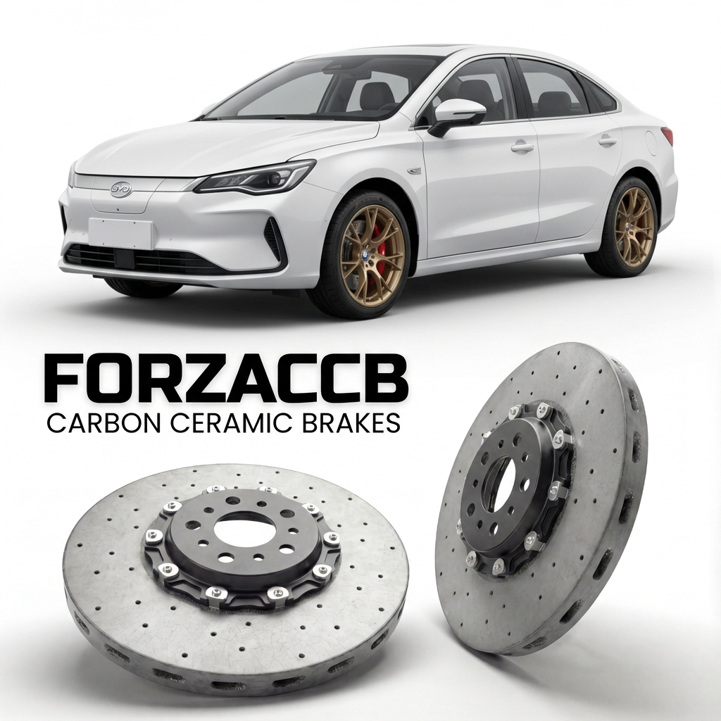 ForzaCCB direct OEM replacement carbon ceramic brake rotors for 2020 and newer BYD M3e models, shown with a white BYD M3e car.