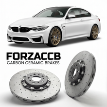 ForzaCCB direct OEM replacement carbon ceramic brake rotors for 2017 to 2020 BMW M4 Competition F82/F83 models, shown with a white BMW M4 Competition car.