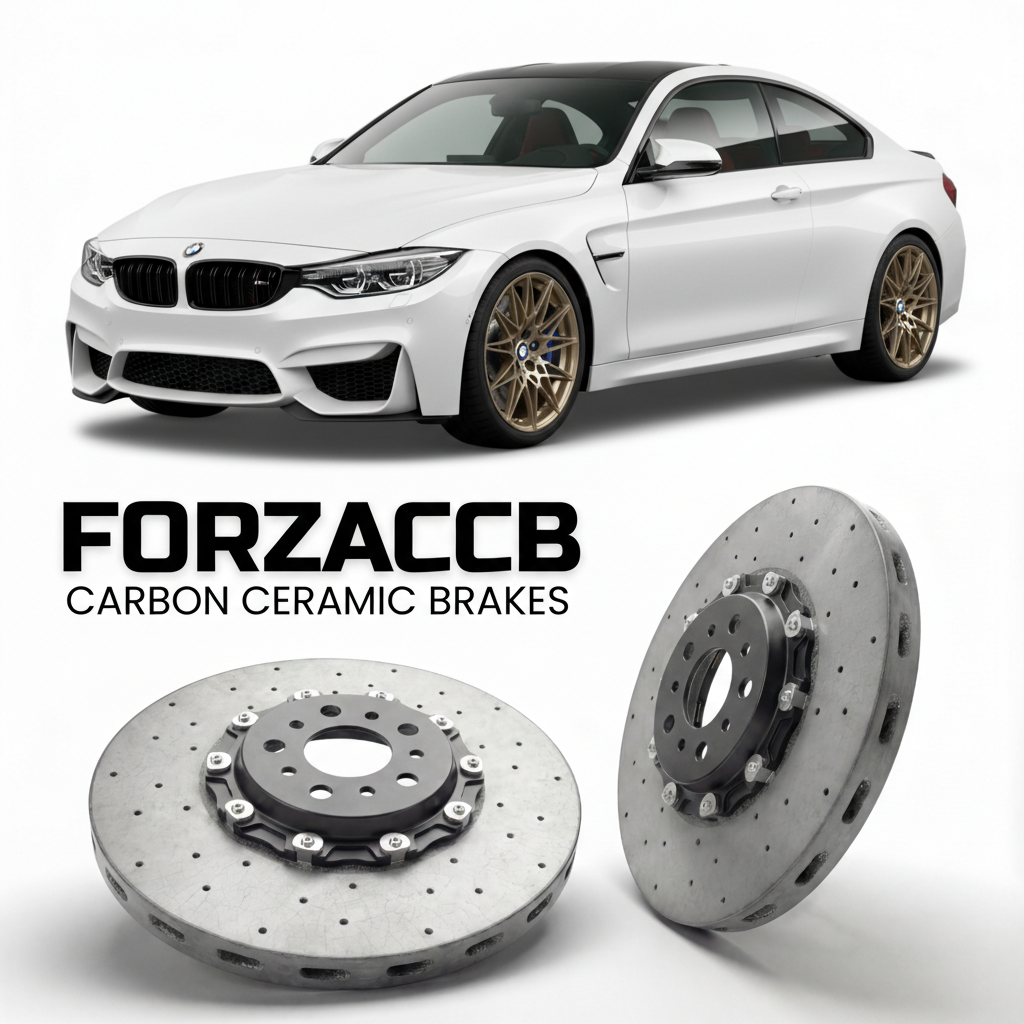 ForzaCCB direct OEM replacement carbon ceramic brake rotors for 2017 to 2020 BMW M4 Competition F82/F83 models, shown with a white BMW M4 Competition car.