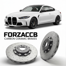 ForzaCCB direct OEM replacement carbon ceramic brake rotors for 2021-2026+ BMW M4 Competition G82/G83 models, shown with a white BMW M4 Competition car.