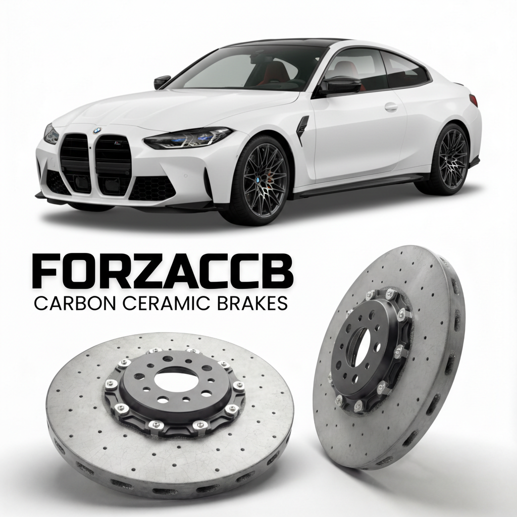 ForzaCCB direct OEM replacement carbon ceramic brake rotors for 2021-2026+ BMW M4 Competition G82/G83 models, shown with a white BMW M4 Competition car.