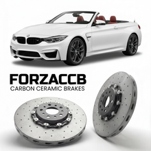 ForzaCCB direct OEM replacement carbon ceramic brake rotors for 2014 to 2020 BMW M4 Convertible F83 models, shown with a white BMW M4 Convertible car.