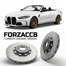 ForzaCCB direct OEM replacement carbon ceramic brake rotors for 2021-2026+ BMW M4 Convertible G83 models, shown with a white BMW M4 Convertible car.