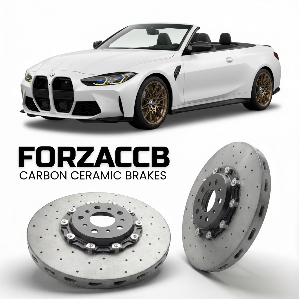 ForzaCCB direct OEM replacement carbon ceramic brake rotors for 2021-2026+ BMW M4 Convertible G83 models, shown with a white BMW M4 Convertible car.