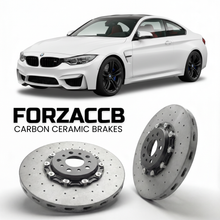 ForzaCCB direct OEM replacement carbon ceramic brake rotors for 2014 to 2020 BMW M4 Coupe F82 models, shown with a white BMW M4 Coupe car.