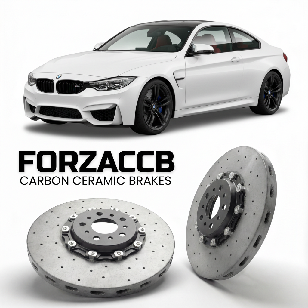 ForzaCCB direct OEM replacement carbon ceramic brake rotors for 2014 to 2020 BMW M4 Coupe F82 models, shown with a white BMW M4 Coupe car.