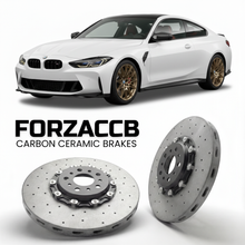 ForzaCCB direct OEM replacement carbon ceramic brake rotors for 2021-2026+ BMW M4 Coupe G82 models, shown with a white BMW M4 Coupe car.