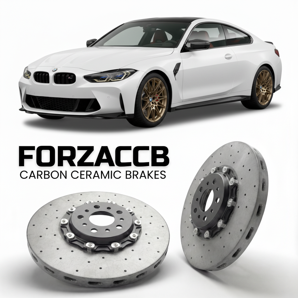 ForzaCCB direct OEM replacement carbon ceramic brake rotors for 2021-2026+ BMW M4 Coupe G82 models, shown with a white BMW M4 Coupe car.
