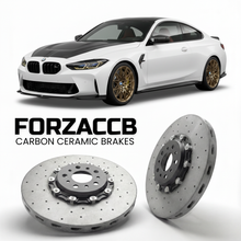 ForzaCCB direct OEM replacement carbon ceramic brake rotors for 2024-2026+ BMW M4 CS G82 models, shown with a white BMW M4 CS car.