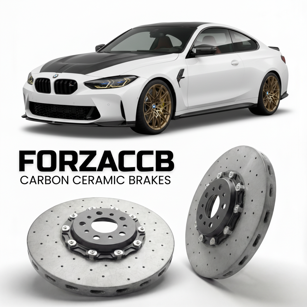 ForzaCCB direct OEM replacement carbon ceramic brake rotors for 2024-2026+ BMW M4 CS G82 models, shown with a white BMW M4 CS car.