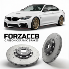 ForzaCCB direct OEM replacement carbon ceramic brake rotors for 2022 BMW M4 CSL G82 models, shown with a white BMW M4 CSL car.