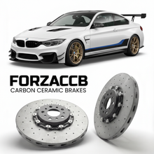 ForzaCCB direct OEM replacement carbon ceramic brake rotors for 2016 BMW M4 DTM Champion Edition F82 models, shown with a white BMW M4 DTM Champion Edition car.