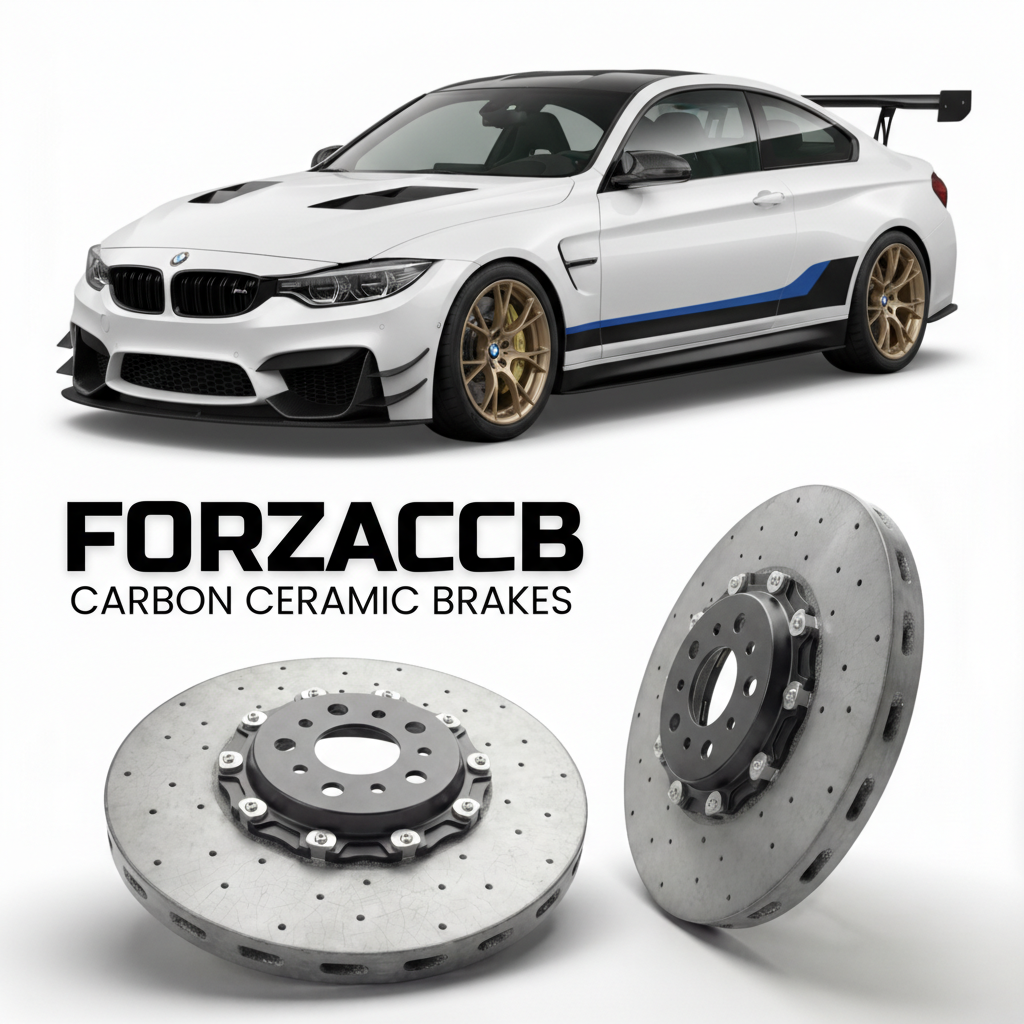 ForzaCCB direct OEM replacement carbon ceramic brake rotors for 2016 BMW M4 DTM Champion Edition F82 models, shown with a white BMW M4 DTM Champion Edition car.