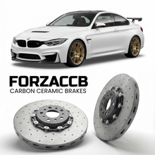 ForzaCCB direct OEM replacement carbon ceramic brake rotors for 2016 to 2017 BMW M4 GTS F82 models, shown with a white BMW M4 GTS car.