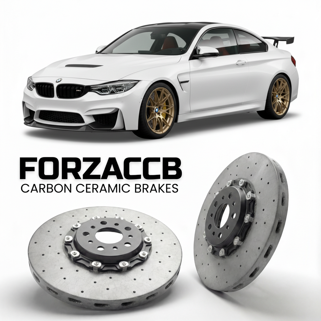ForzaCCB direct OEM replacement carbon ceramic brake rotors for 2016 to 2017 BMW M4 GTS F82 models, shown with a white BMW M4 GTS car.